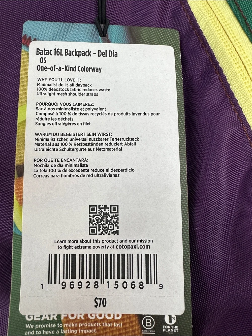 Cotopaxi Batac Del Día 16L Backpack One-of-a-Kind Multicolor Lightweight Daypack